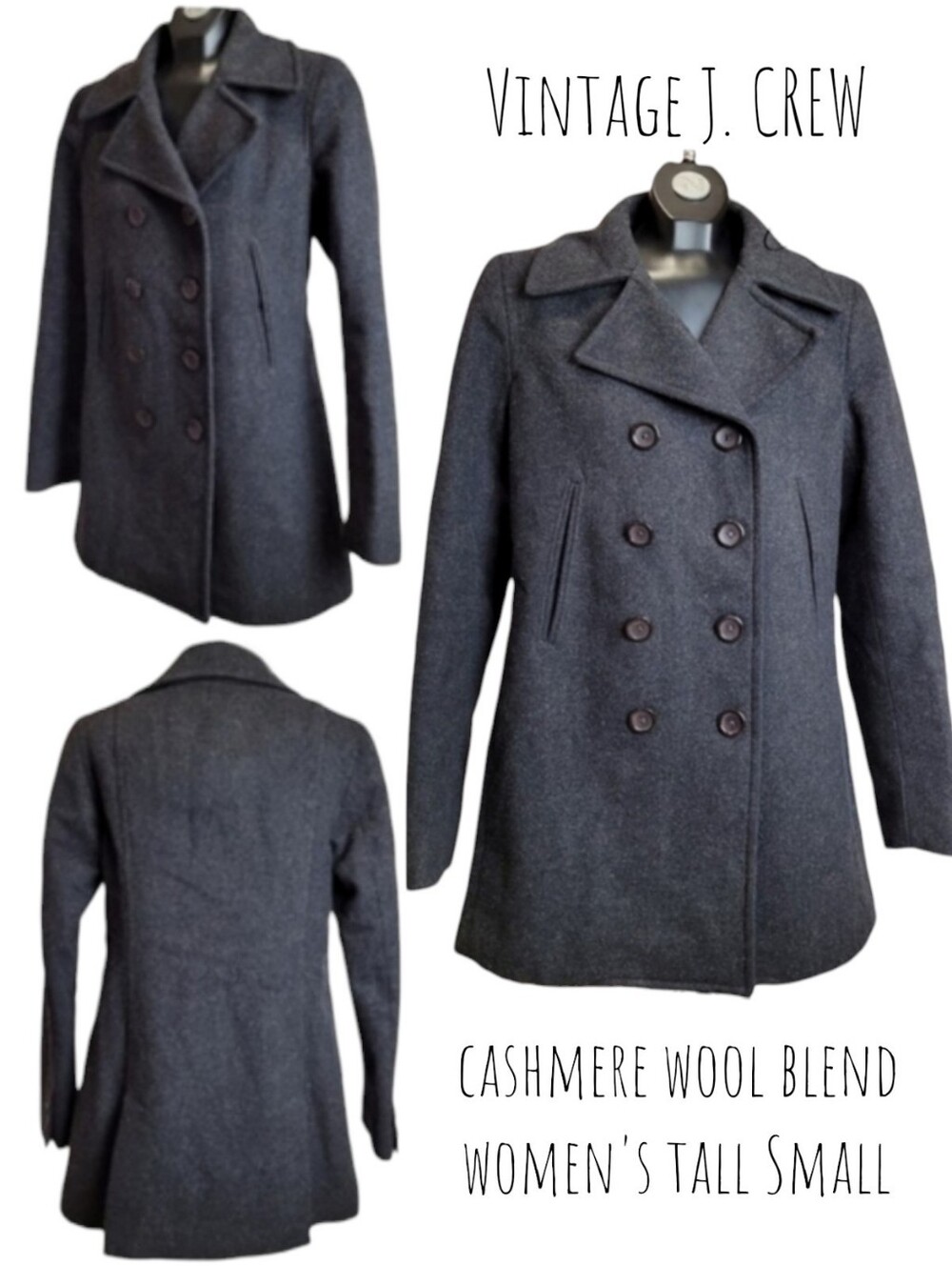 Vintage J. Crew Women's Wool Cashmere Blend double-breast Peacoat Dark Grey T S